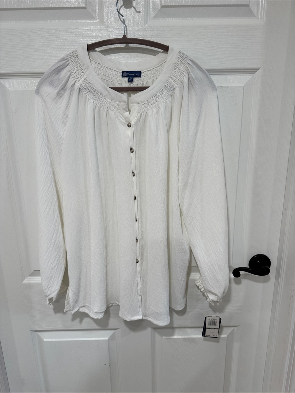 Democracy White Smocked Yoke Button-Front Blouse